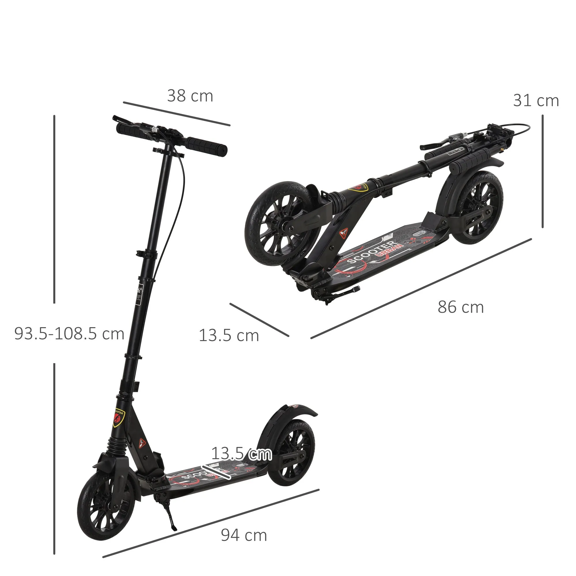 Adult Teens Kick Scooter Fold Adjust 14  w/ Rear Wheel&Hand Brake Black