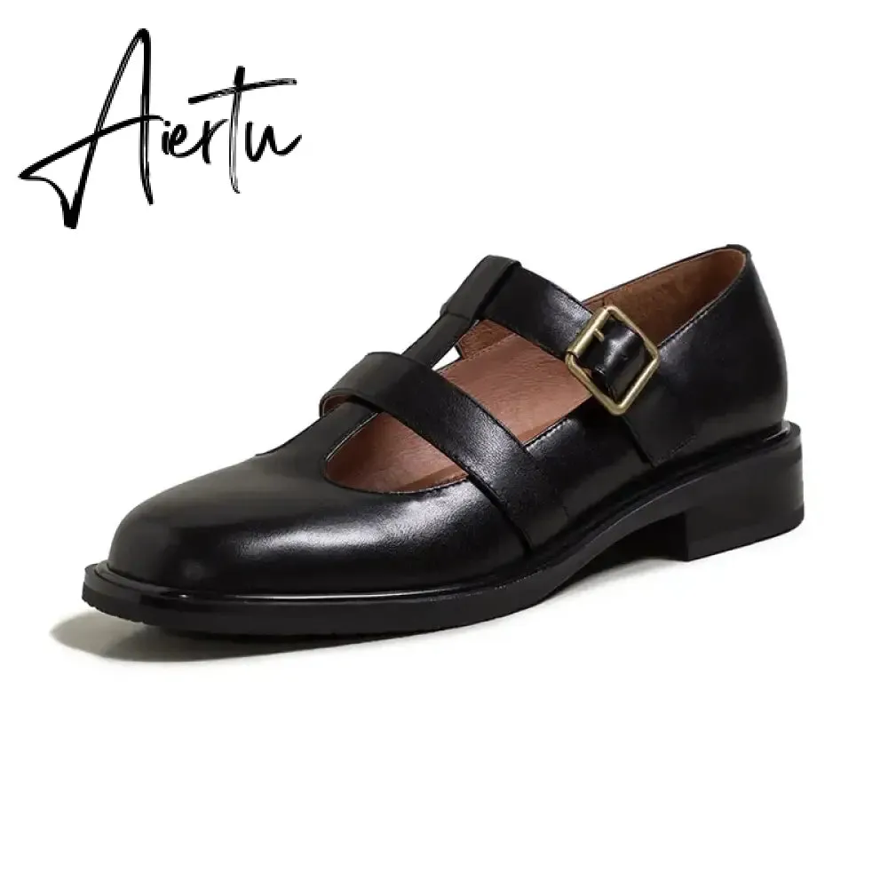 Aiertu New Spring Genuine Leather Women Shoes GLADIATOR Round Toe Casual Buckle Strap Platform Heels Shallow Shoes Women pumps