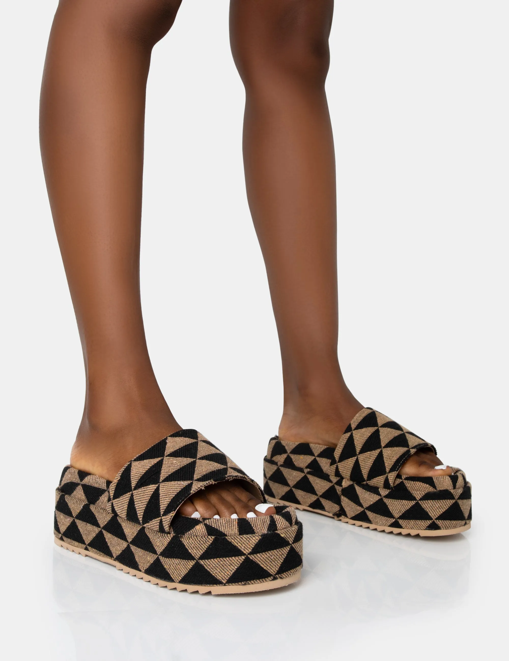 Cowrie Tan Geometric Print Platform Slider Sandal