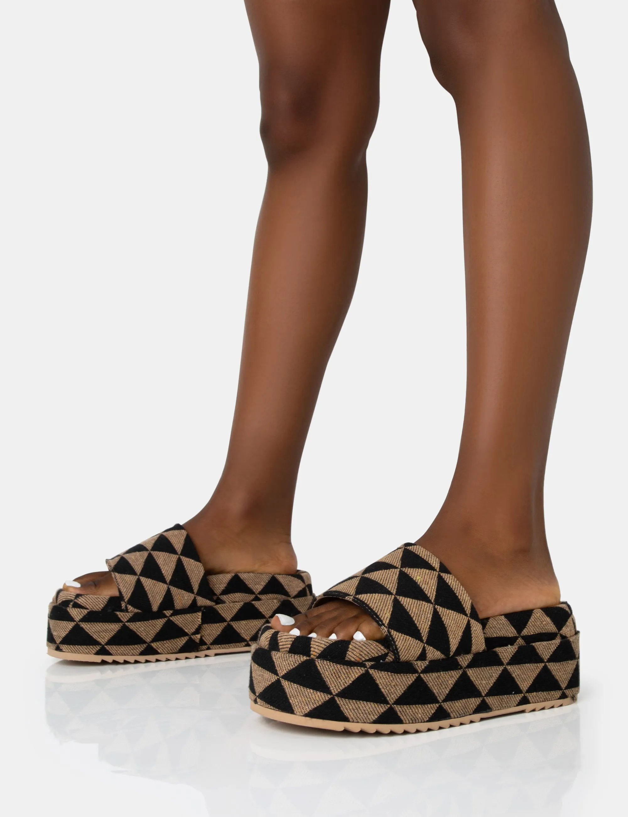 Cowrie Tan Geometric Print Platform Slider Sandal