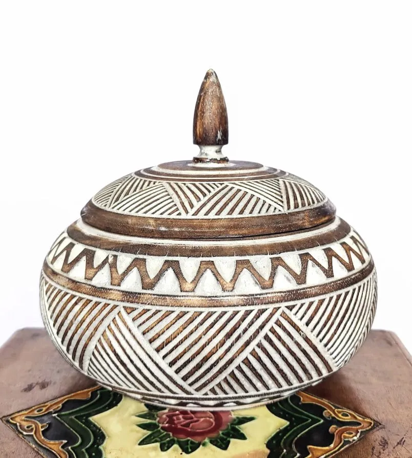 Handmade Carved Tribal Design Wooden Bowl with Lid.