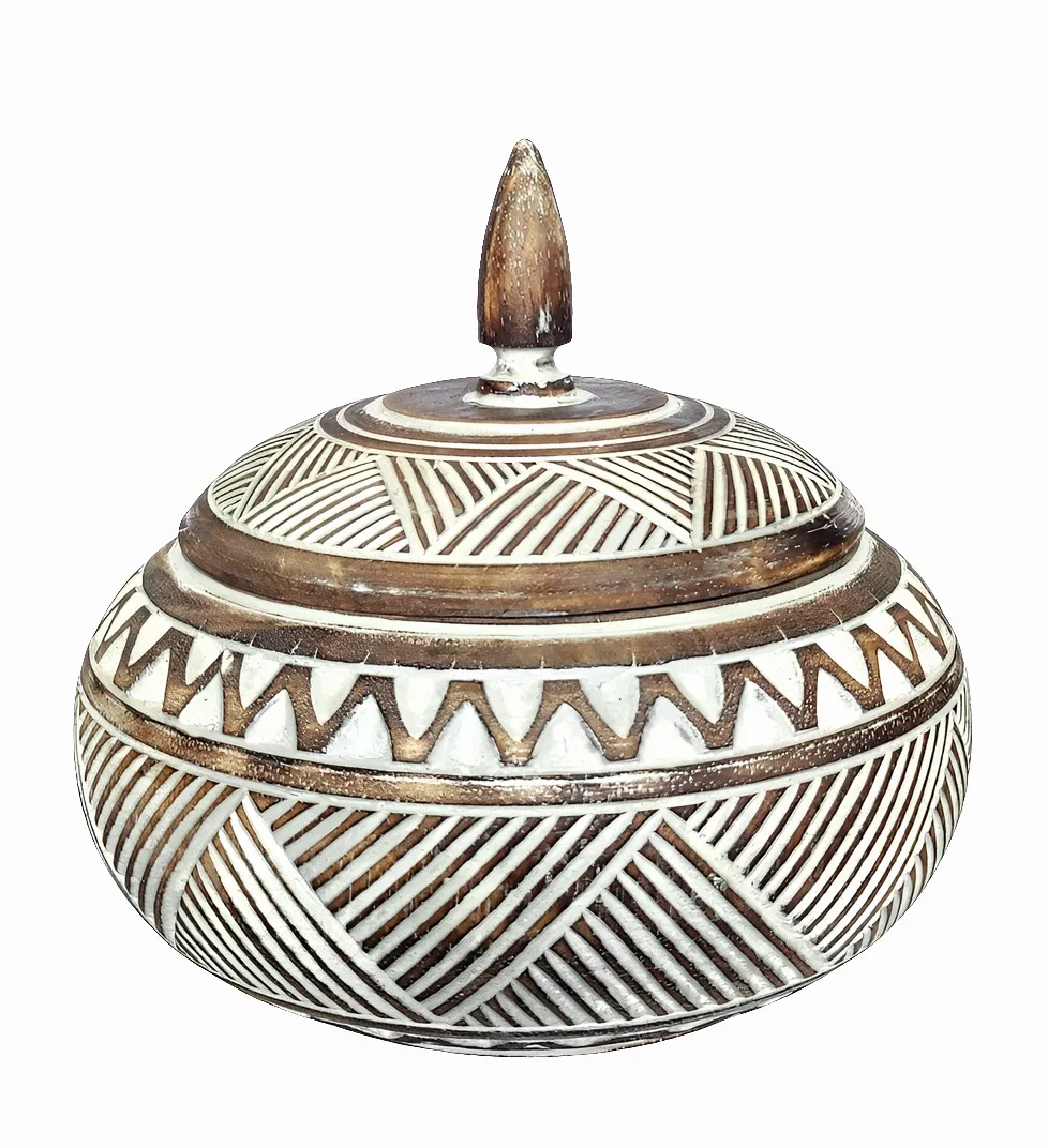 Handmade Carved Tribal Design Wooden Bowl with Lid.