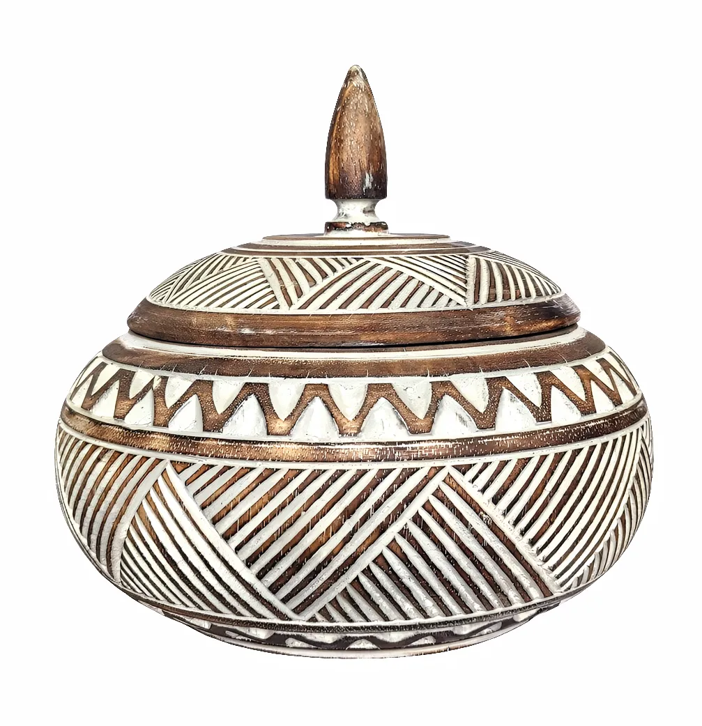 Handmade Carved Tribal Design Wooden Bowl with Lid.