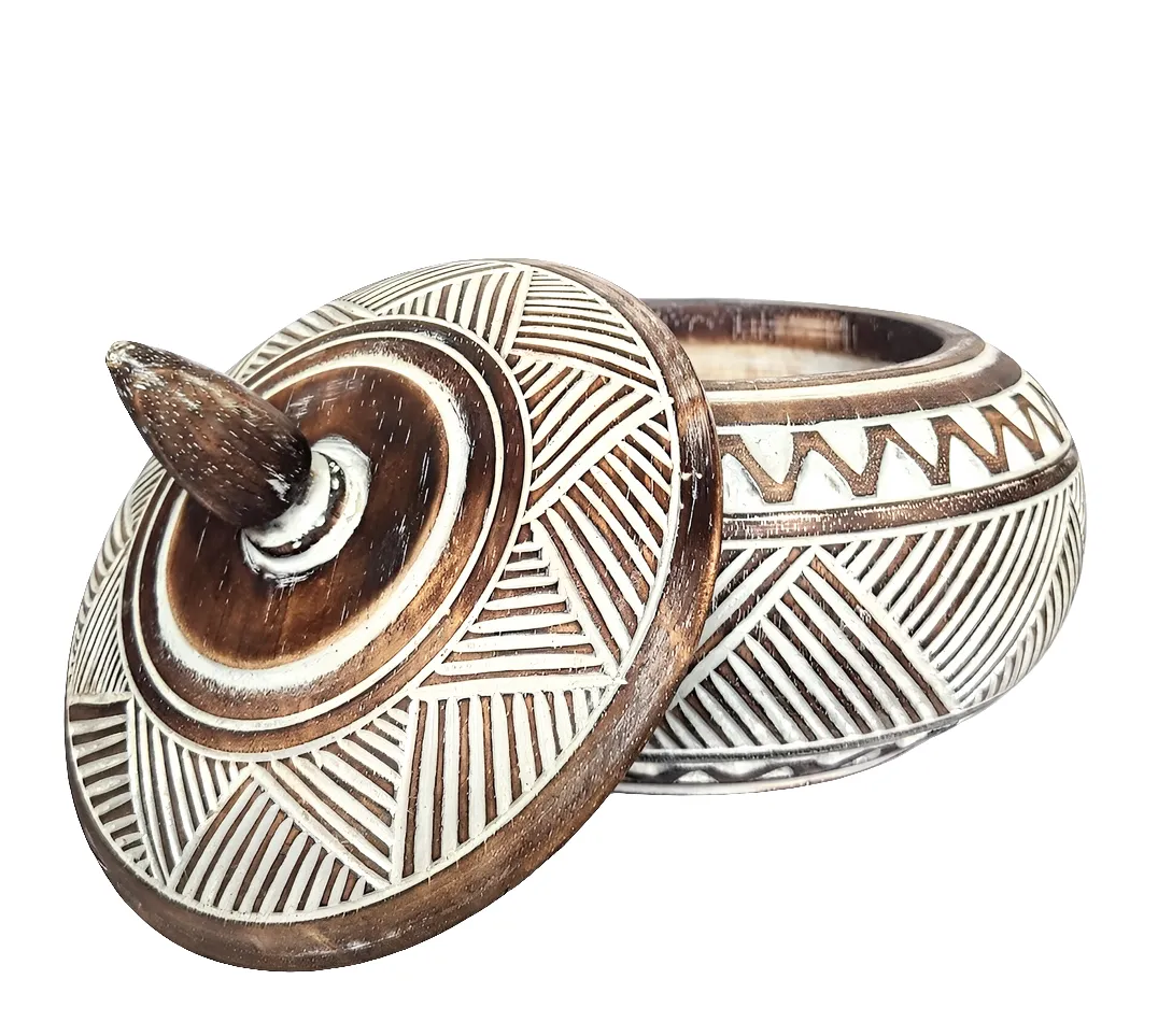 Handmade Carved Tribal Design Wooden Bowl with Lid.