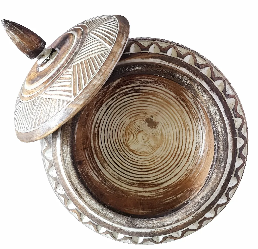 Handmade Carved Tribal Design Wooden Bowl with Lid.