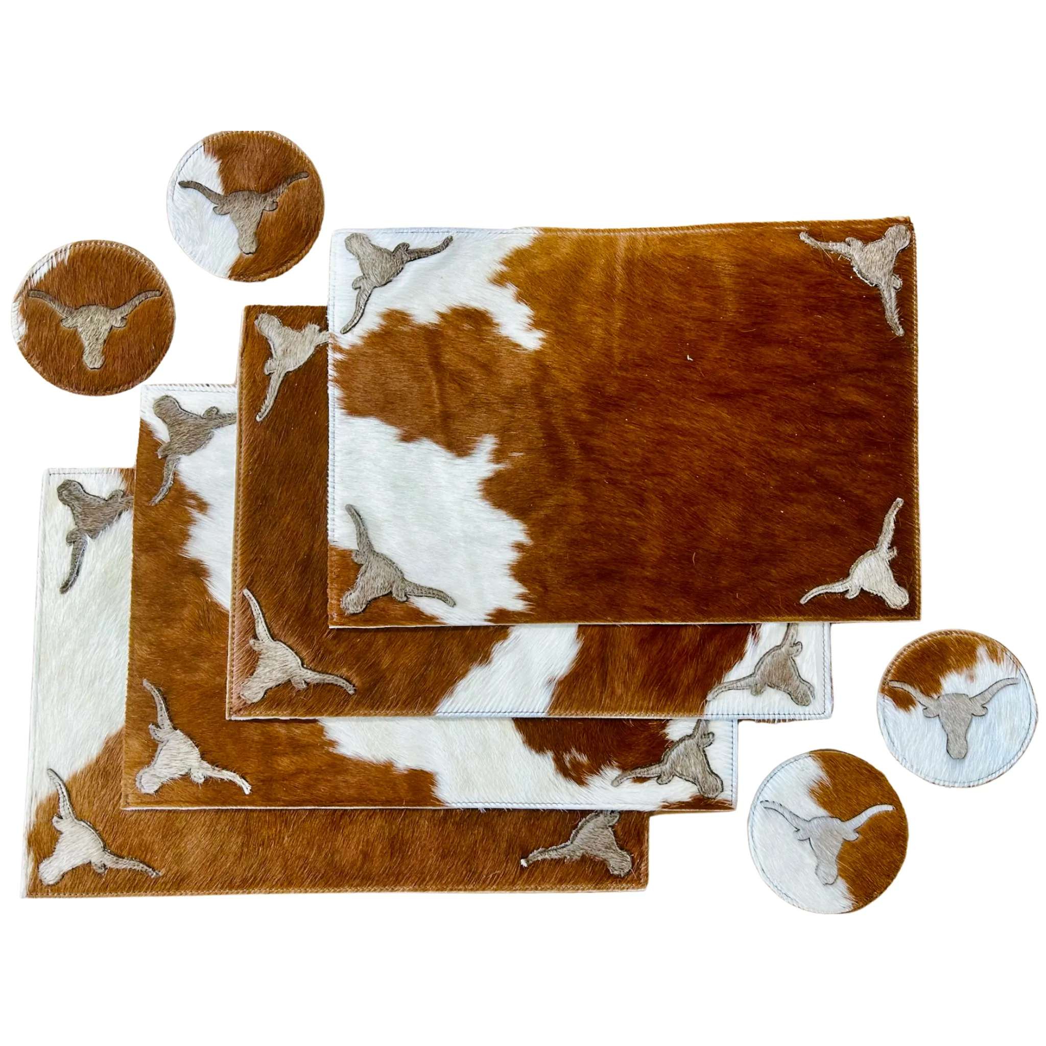 Handmade Cowhide Placemats and Coasters Bundle - Longhorn Brown & White