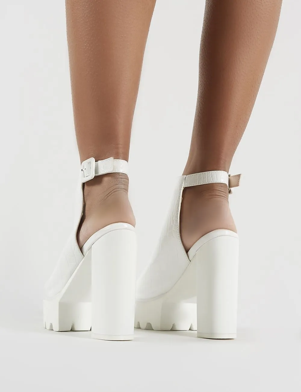 Jada Cleated Platform Block Heels in White Croc