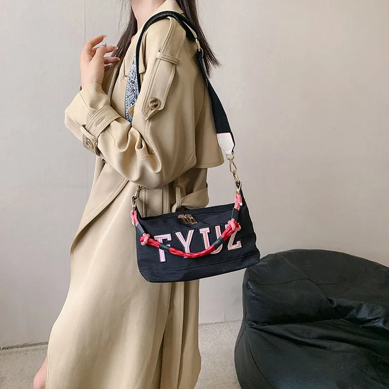 Messenger Bag Casual Women's Bag Oxford Cloth Bag Double-Sided Backpack Wide Shoulder Strap Trendy Style Shoulder Bag Underarm Bag Letters