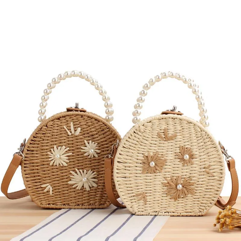 One Piece Dropshipping New Trendy Korean Straw Plaited Fashion Small round Bag Internet Celebrity Embroidered Pearl Woven Bag Fashion Messenger Bag