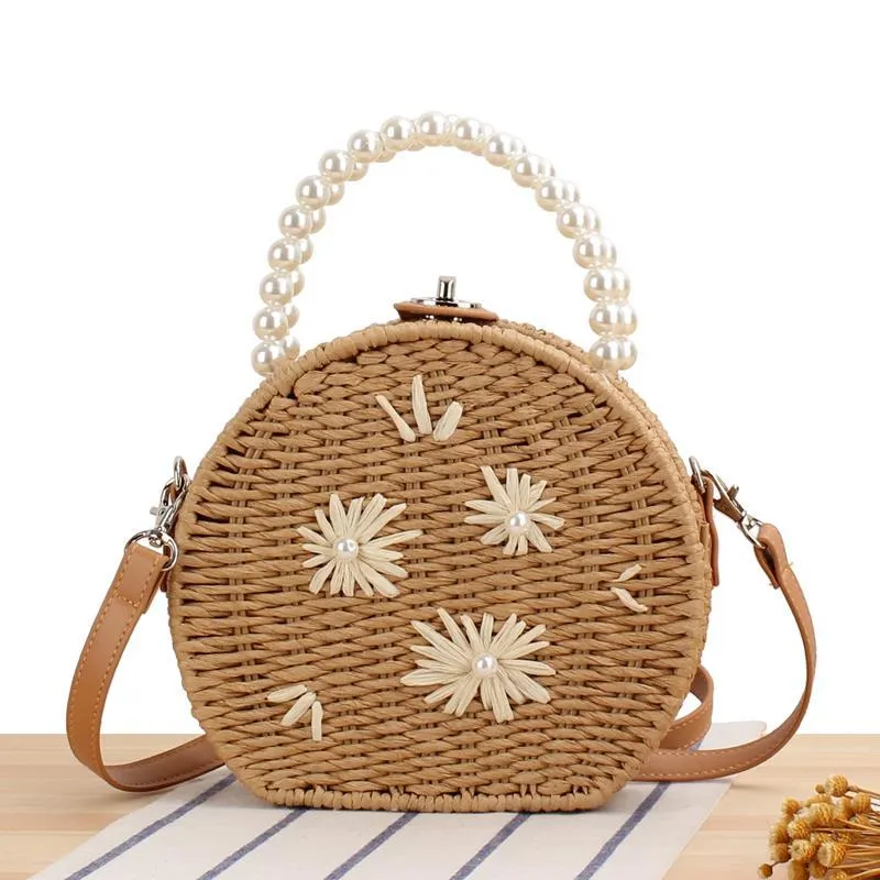 One Piece Dropshipping New Trendy Korean Straw Plaited Fashion Small round Bag Internet Celebrity Embroidered Pearl Woven Bag Fashion Messenger Bag