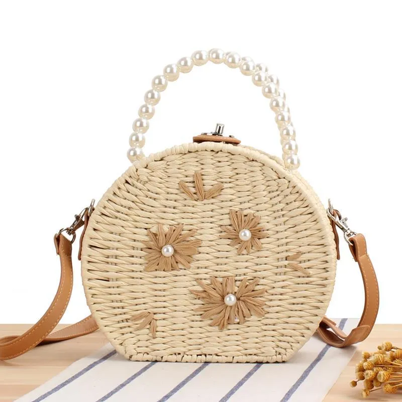 One Piece Dropshipping New Trendy Korean Straw Plaited Fashion Small round Bag Internet Celebrity Embroidered Pearl Woven Bag Fashion Messenger Bag