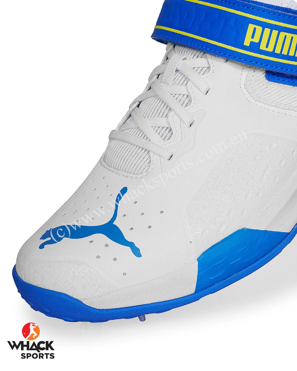 Puma 22.1 Bowling Cricket Shoes - Steel Spikes - White Ultra Blue Yellow