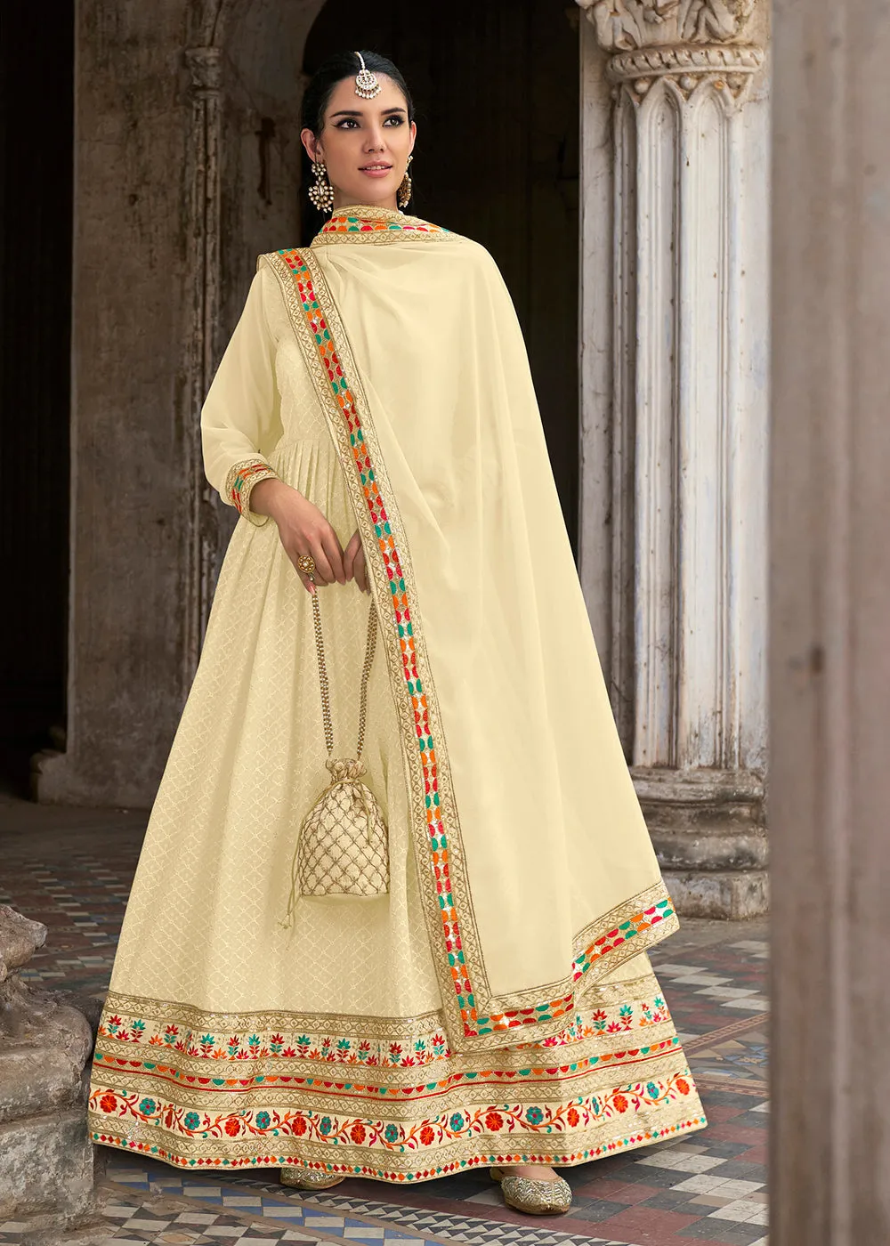 Sequins Embroidered Lime Yellow Georgette Traditional Anarkali